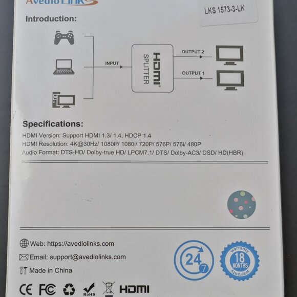 Avedio Links HDMI Splitter 1 In 2 Out 4K For Dual Monitor Full HD 1080P 5' Cable - Picture 10 of 10